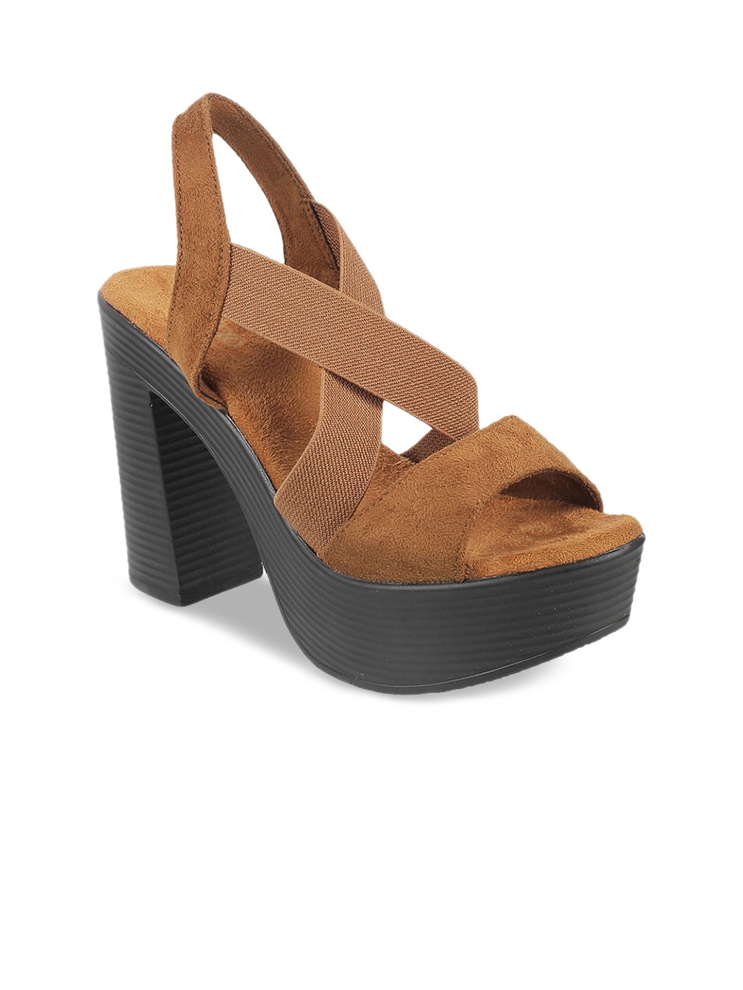 

Metro Tan Block Solid Party Peep Toes Block Heels