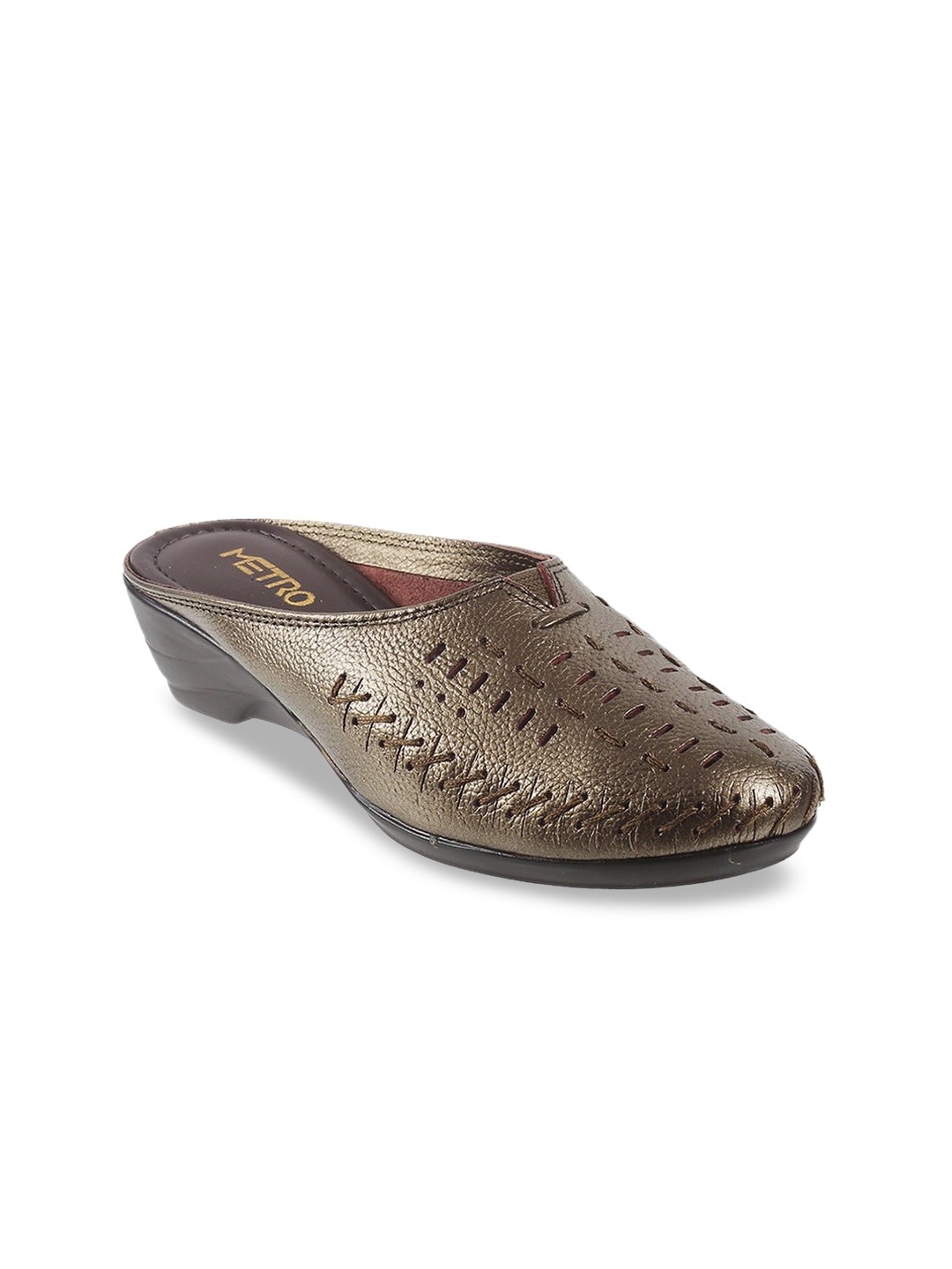 

Metro Bronze-Toned Leather Wedge Mules with Laser Cuts