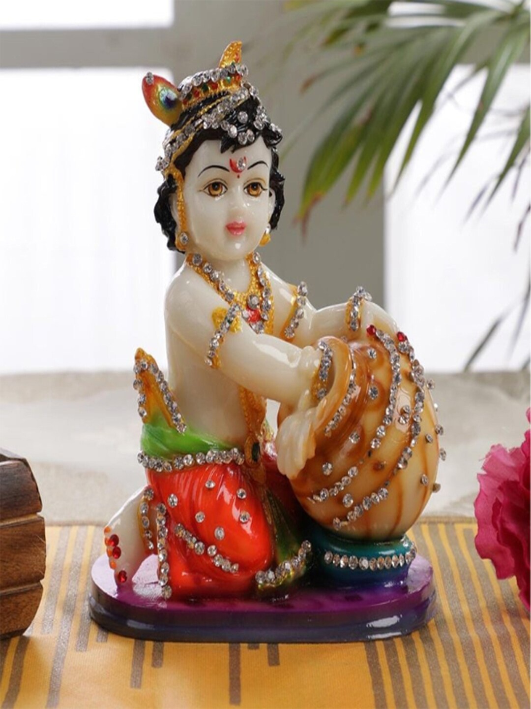 Gallery99 Orange & White Handpainted Lord Krishna Idol Showpiece