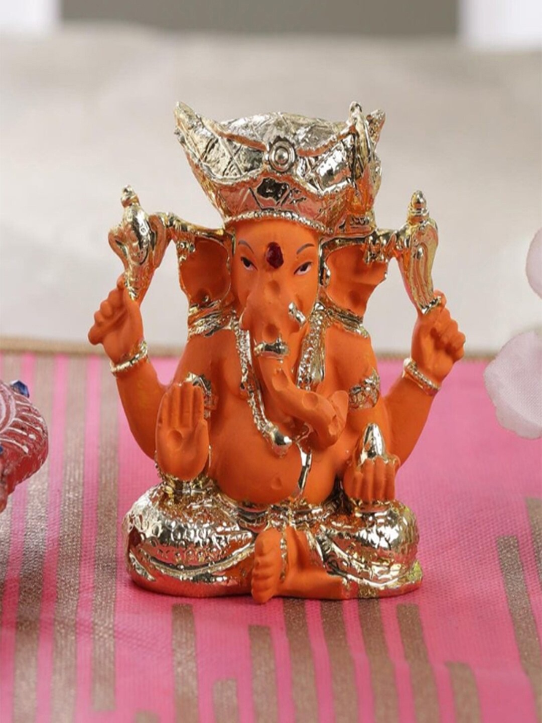 Gallery99 Gold-Toned & Orange Lord Ganpati Idol Showpiece