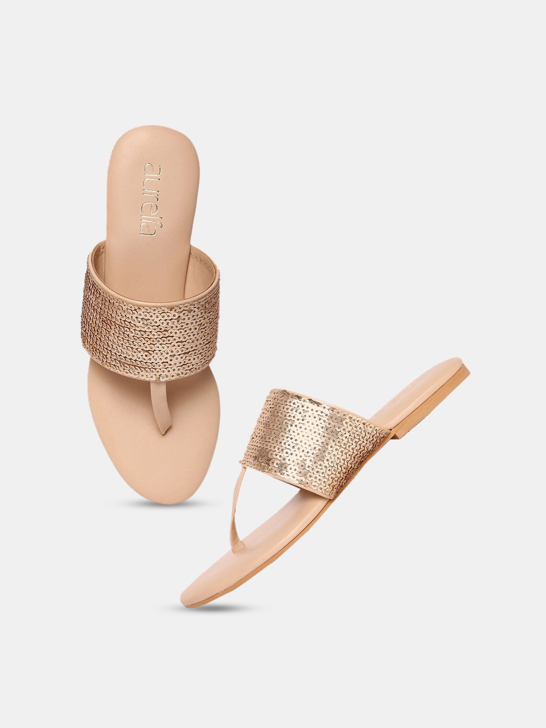 

AURELIA Women Gold-Toned Textured T-Strap Flats