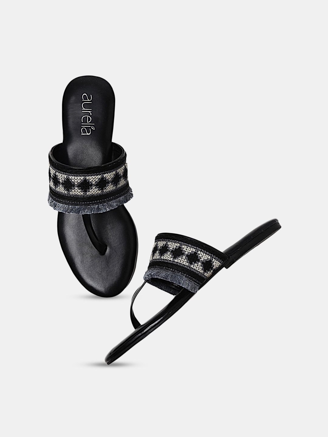 

AURELIA Women Grey Woven Design T-Strap Flats