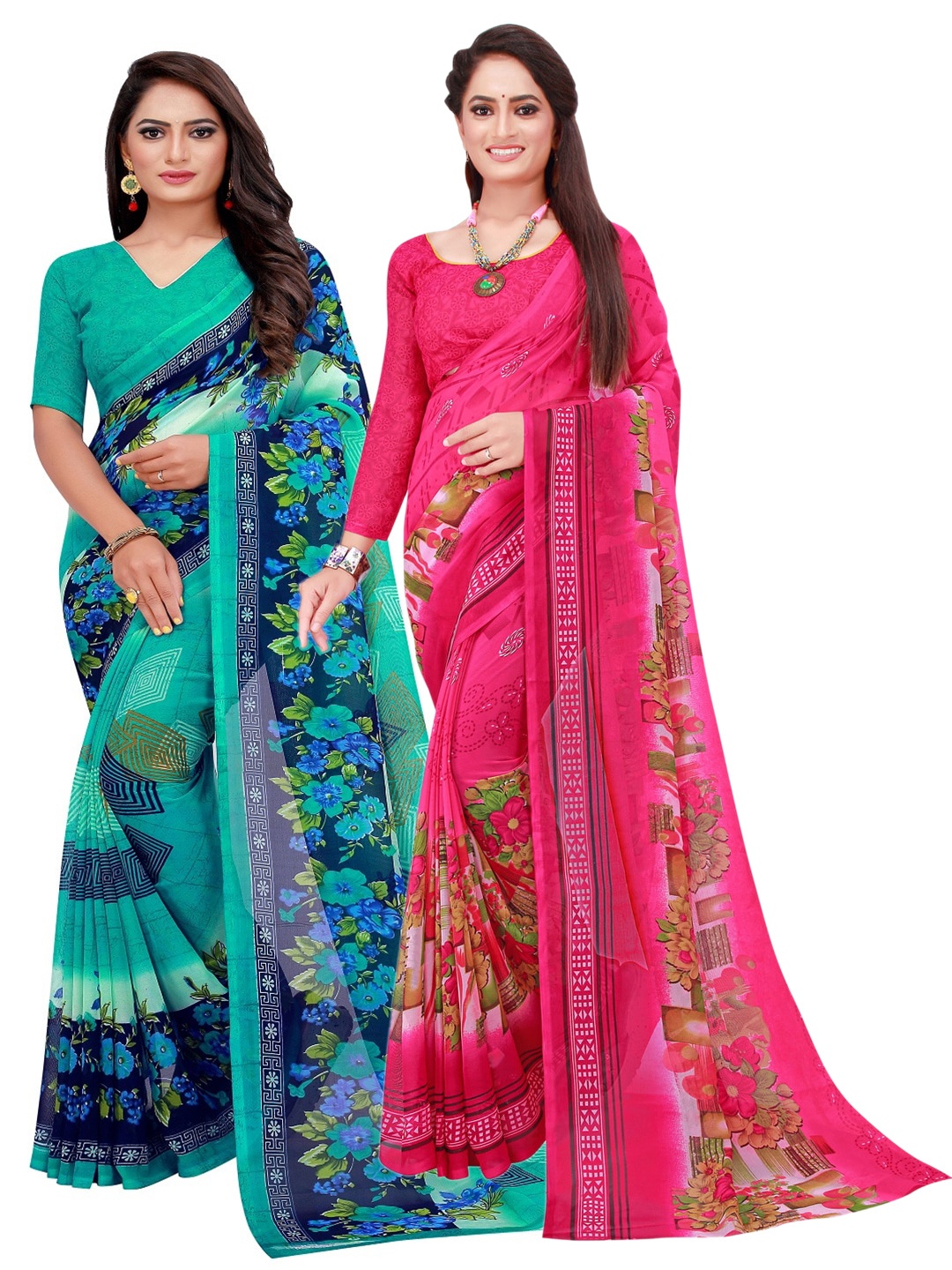 

SAADHVI Pack of 2 Magenta & Blue Pure Georgette Saree
