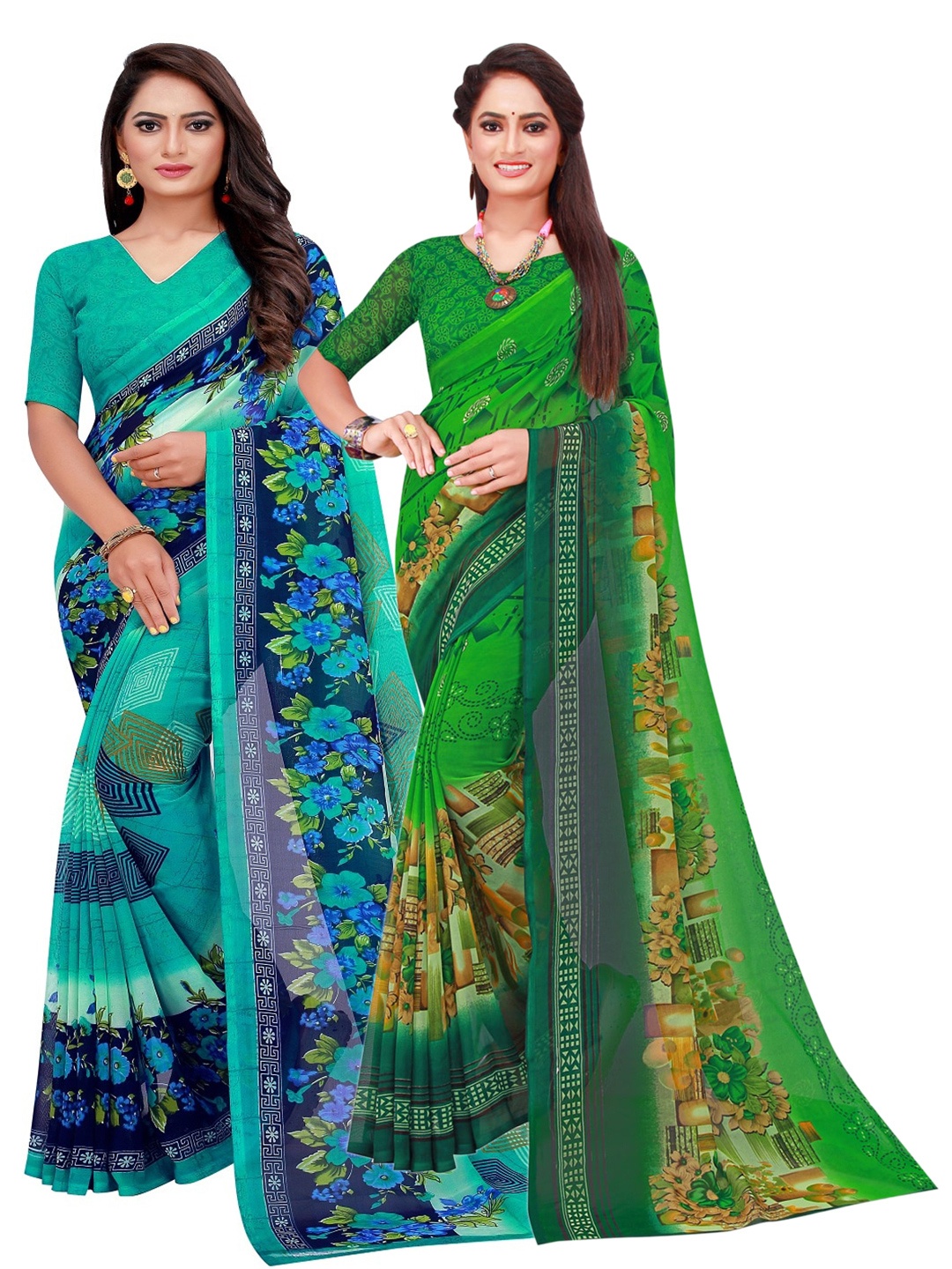 

SAADHVI Pack Of 2 Turquoise Blue & Green Floral Pure Georgette Saree