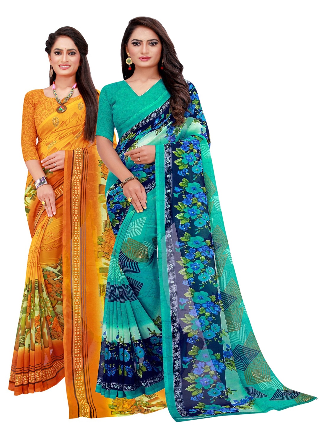 

SAADHVI Turquoise Blue & Yellow Printed Pure Georgette Saree Pack Of 2