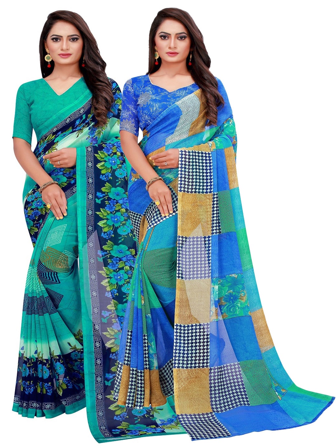 SAADHVI Blue & Green Pure Georgette Saree