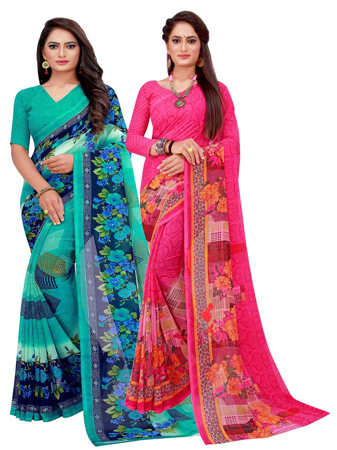 

SAADHVI Magenta & Turquoise Blue Floral Pure Georgette Saree
