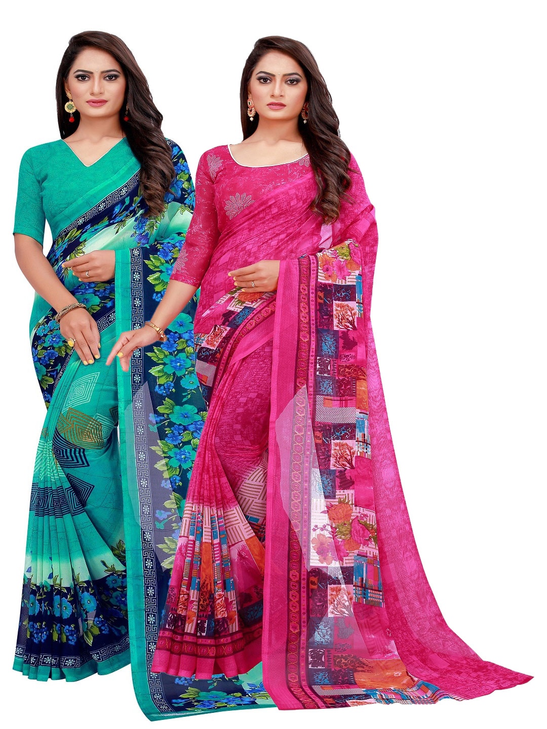 

SAADHVI Turquoise Blue & Magenta Floral Pack of 2 Pure Georgette Saree