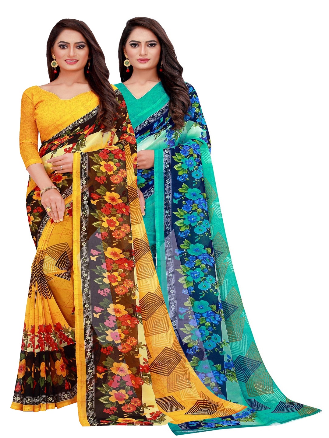 

SAADHVI Yellow & Turquoise Blue Floral Pure Georgette Saree