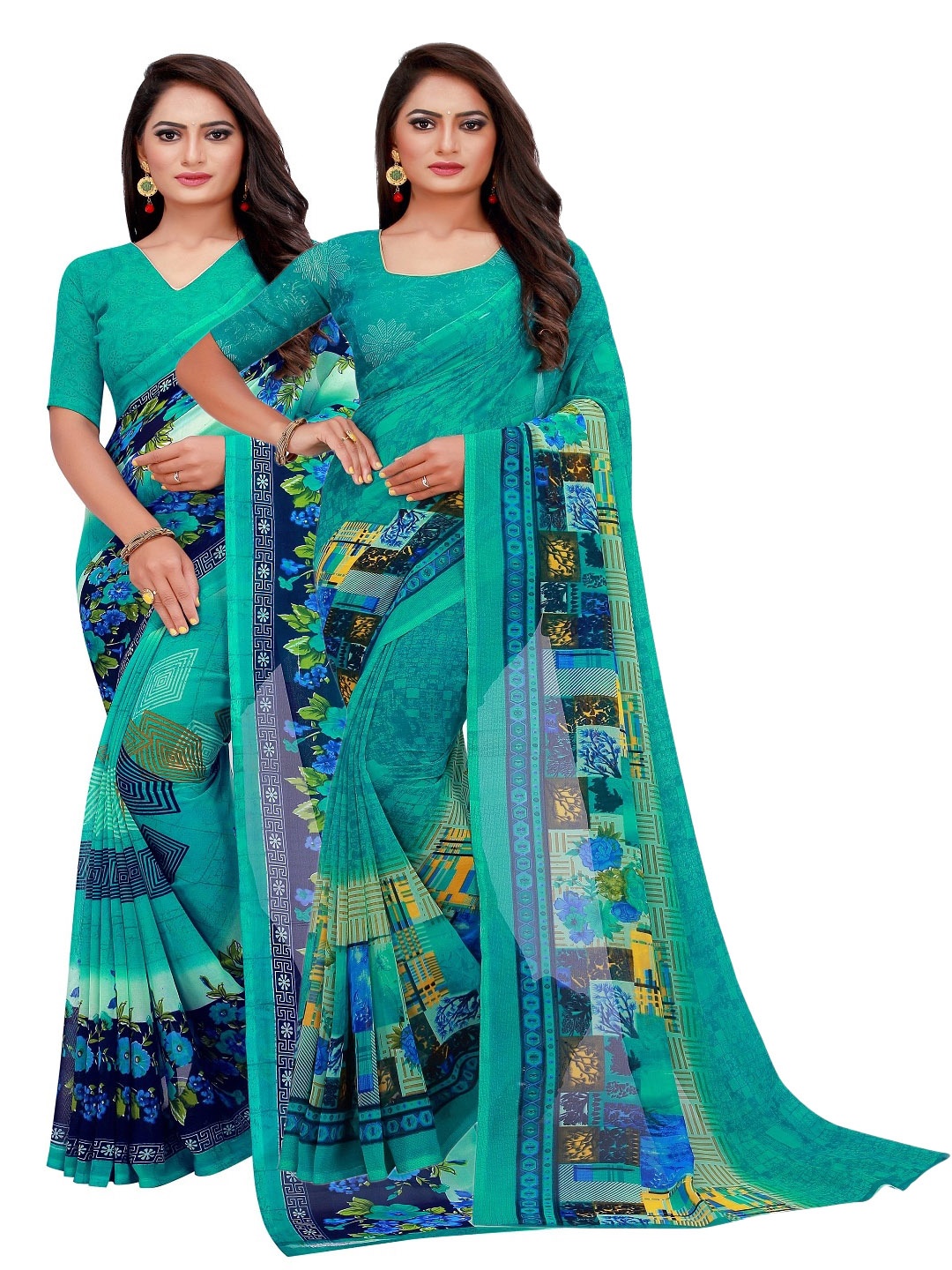 

SAADHVI Pack of 2 Turquoise Blue & Yellow Floral Pure Georgette Saree