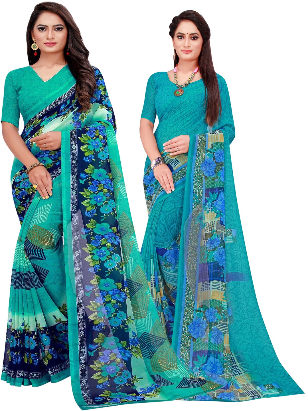 SAADHVI Pack of 2 Turquoise Blue & Green Printed Saree