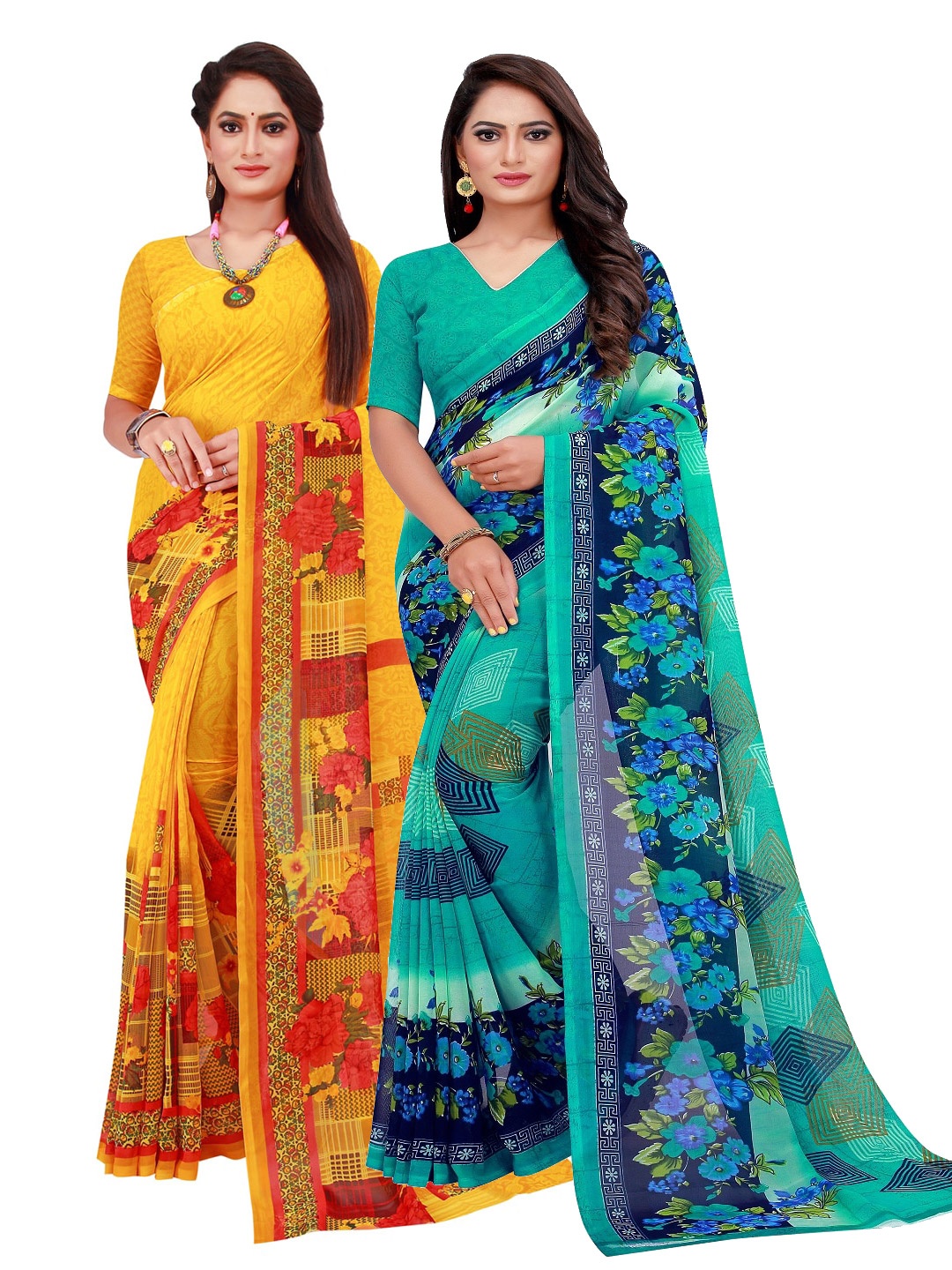 

SAADHVI Orange & Turquoise Blue Set of 2 Pure Georgette Saree