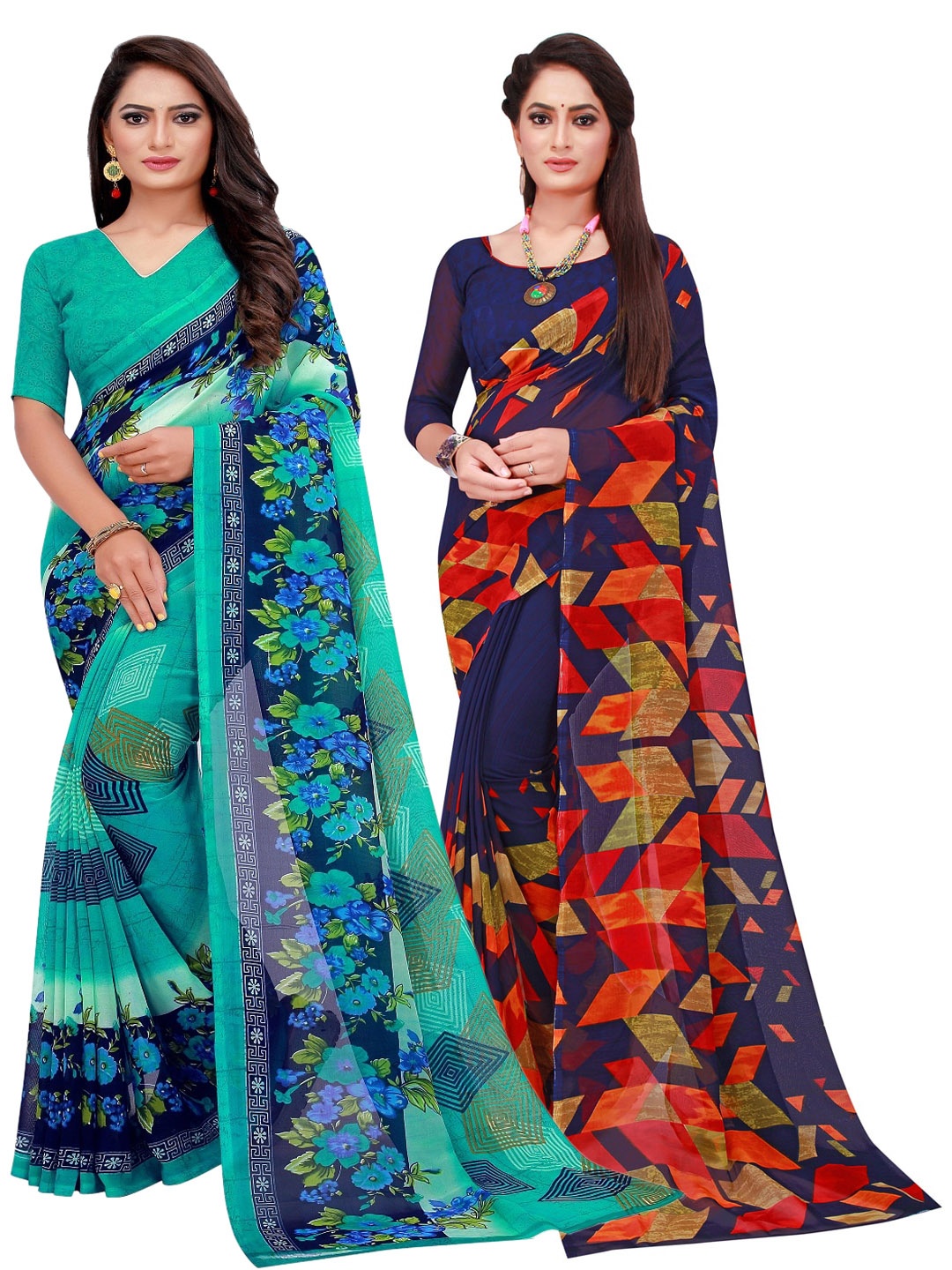 

SAADHVI Pack Of 2 Navy Blue & Turquoise Blue Pure Georgette Saree