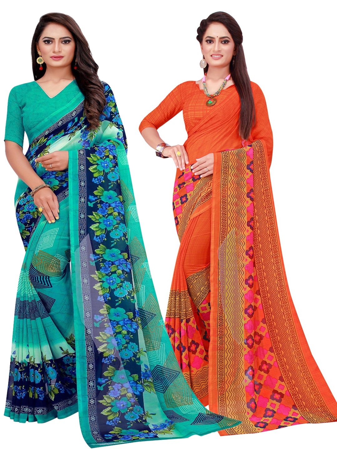 

SAADHVI Pack Of 2 Orange & Turquoise Blue Floral Pure Georgette Saree
