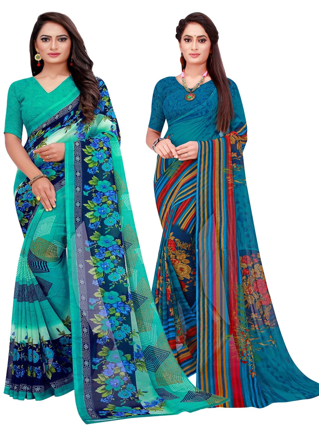 

SAADHVI Pack of 2 Pure Georgette Sarees, Turquoise blue
