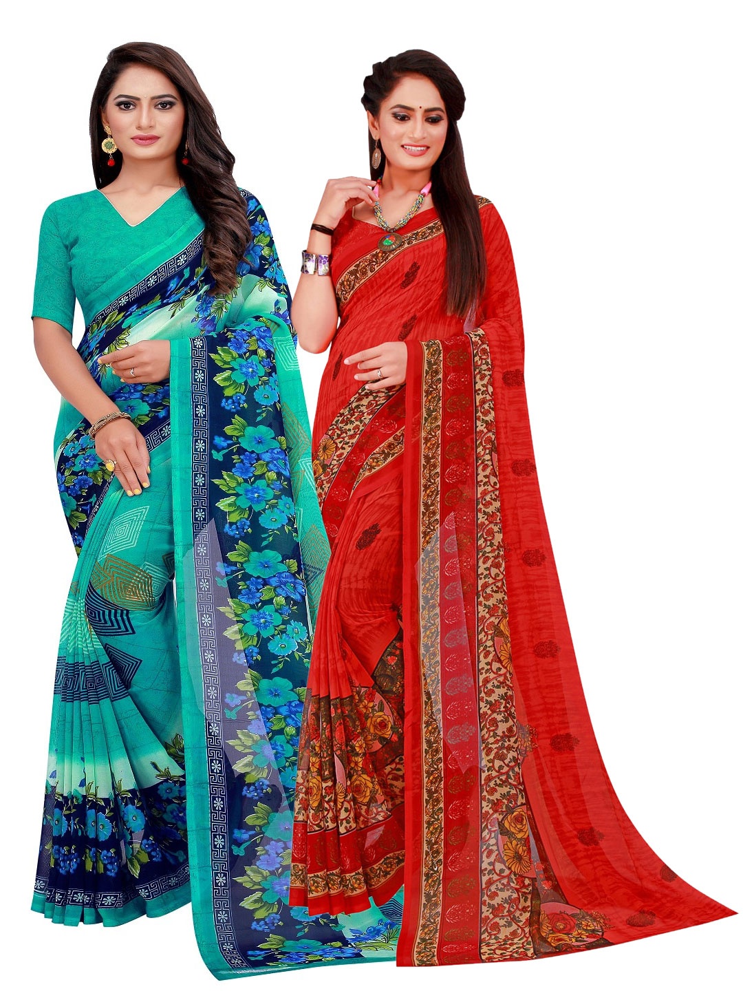 

SAADHVI Turquoise Blue & Red Floral Pack of 2 Pure Georgette Saree
