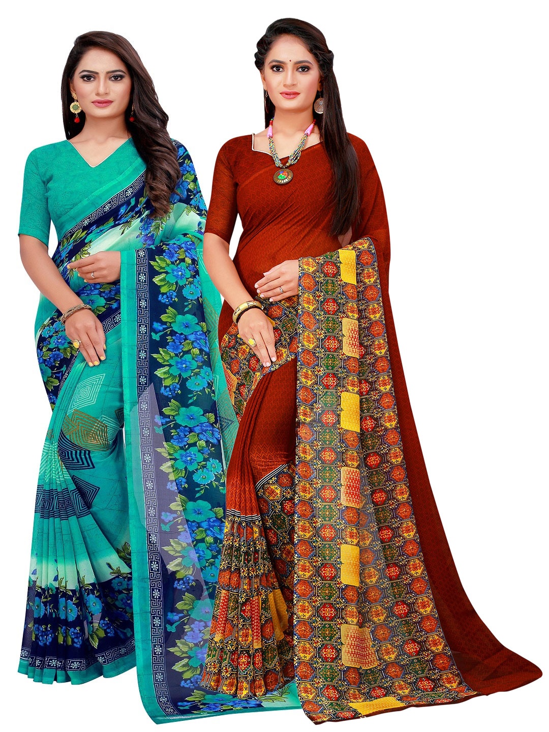 

SAADHVI Pack Of 2 Turquoise Blue & Maroon Printed Pure Georgette Sarees