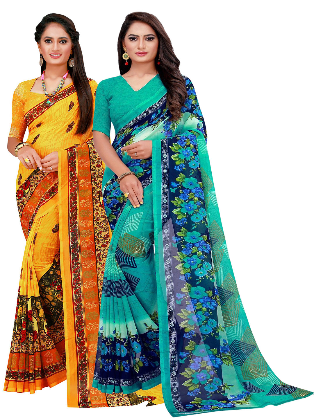 

SAADHVI Pack Of 2 Turquoise Blue & Yellow Floral Pure Georgette Saree