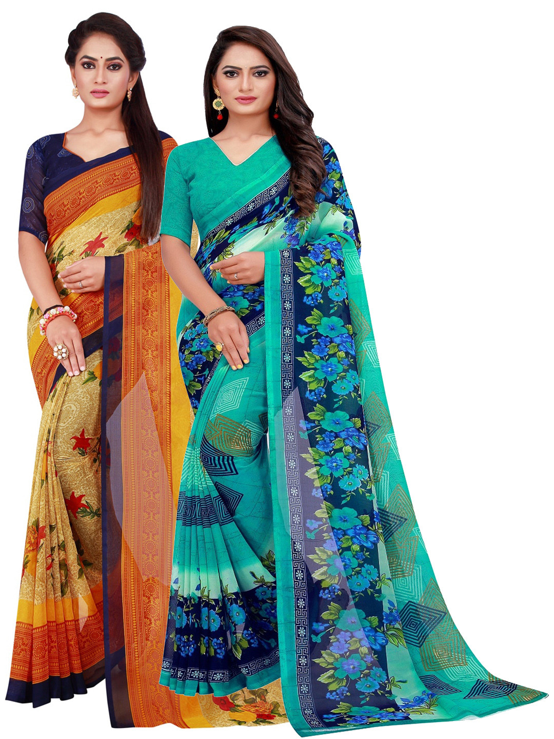 

SAADHVI Pack of 2 Turquoise Blue & Yellow Floral Pure Georgette Saree