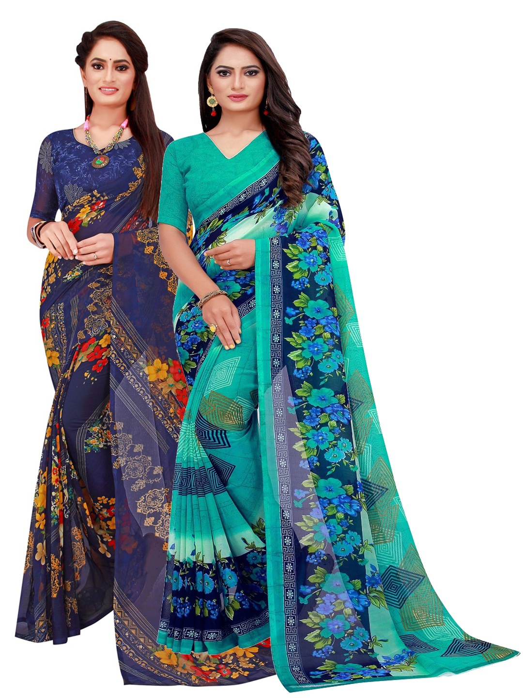SAADHVI Turquoise Blue & Navy Blue Set of 2 Pure Georgette Saree