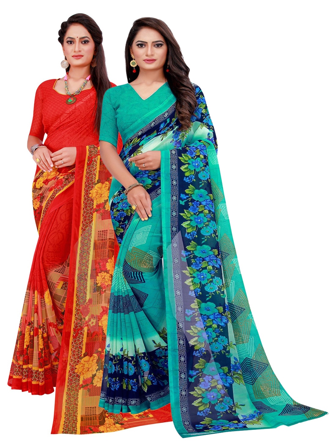 

SAADHVI Red & Blue Pure Georgette Saree
