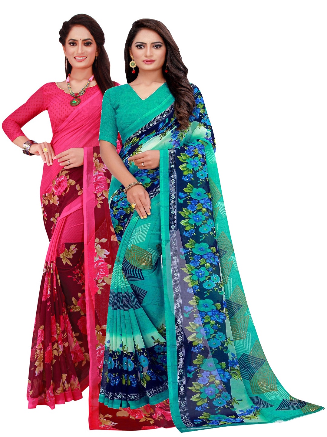 

SAADHVI Turquoise Blue & Pink Pure Georgette Saree