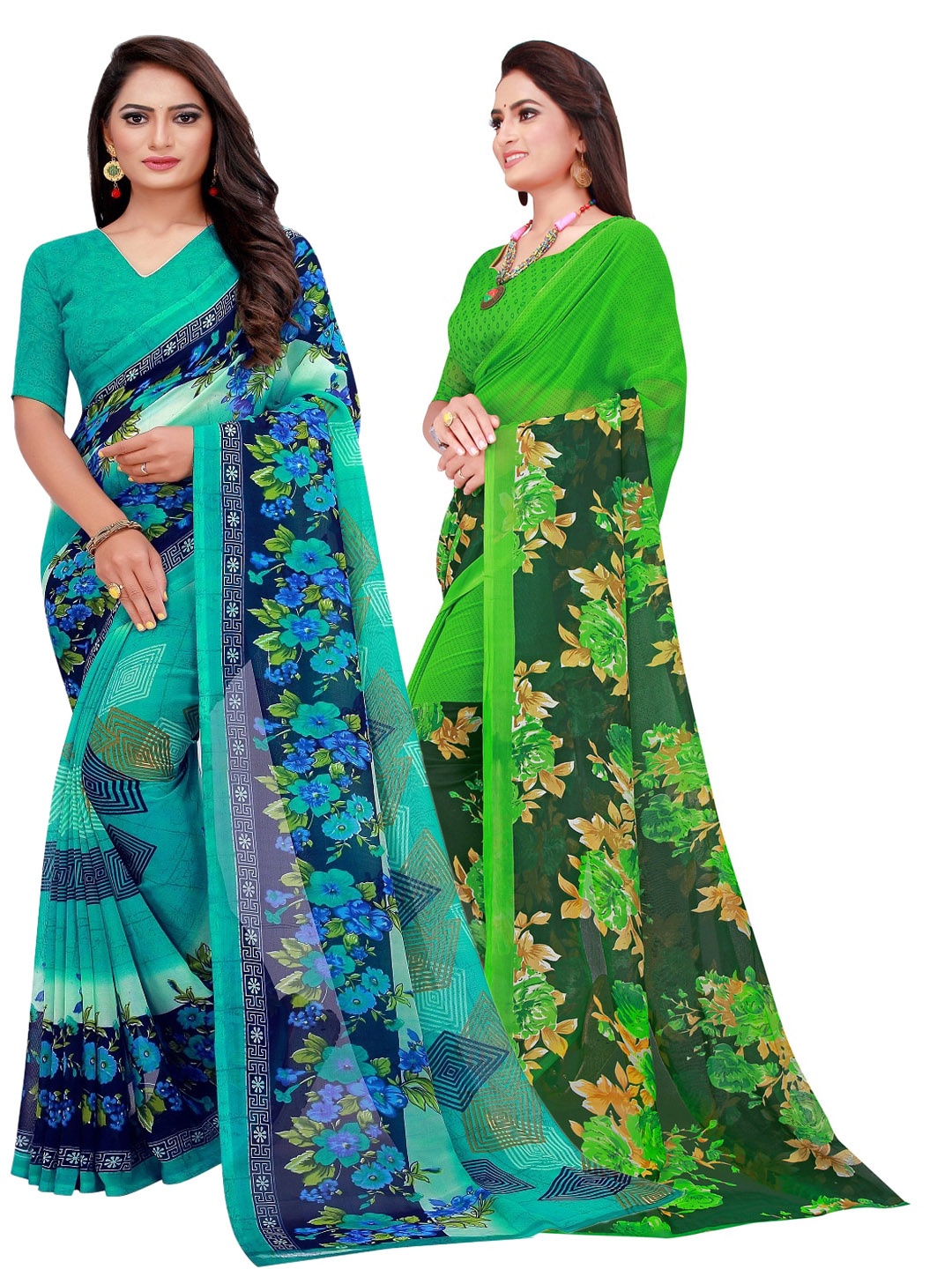 

SAADHVI Turquoise Blue & Green Floral Pack of 2 Pure Georgette Saree