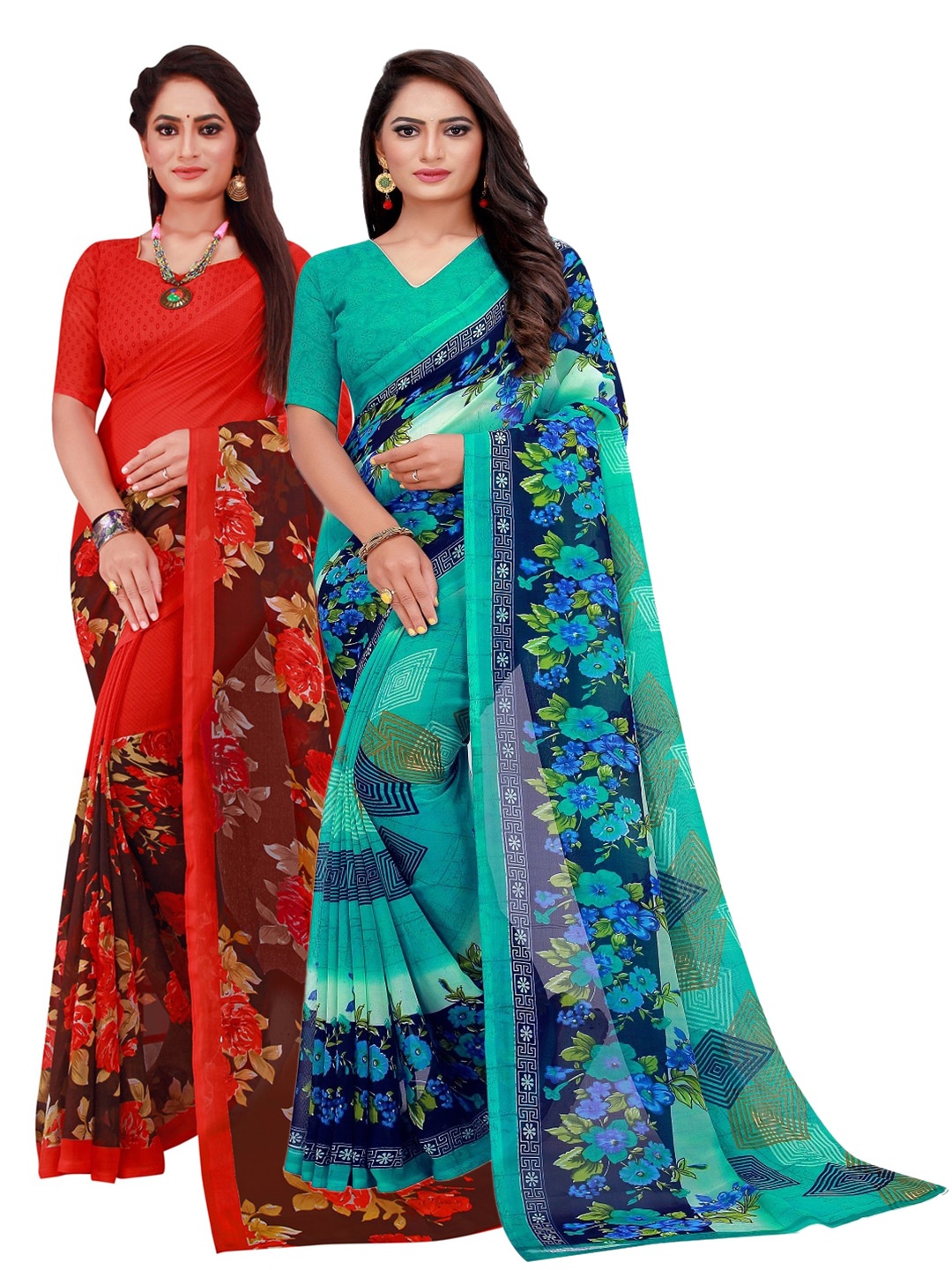 SAADHVI Pack of 2 Pure Georgette Sarees, Turquoise blue