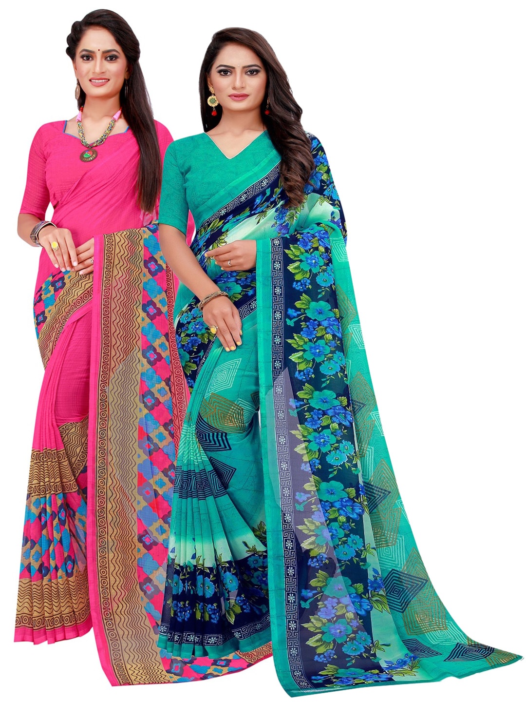 

SAADHVI Pack Of 2 Magenta & Turquoise Blue Printed Pure Georgette Saree