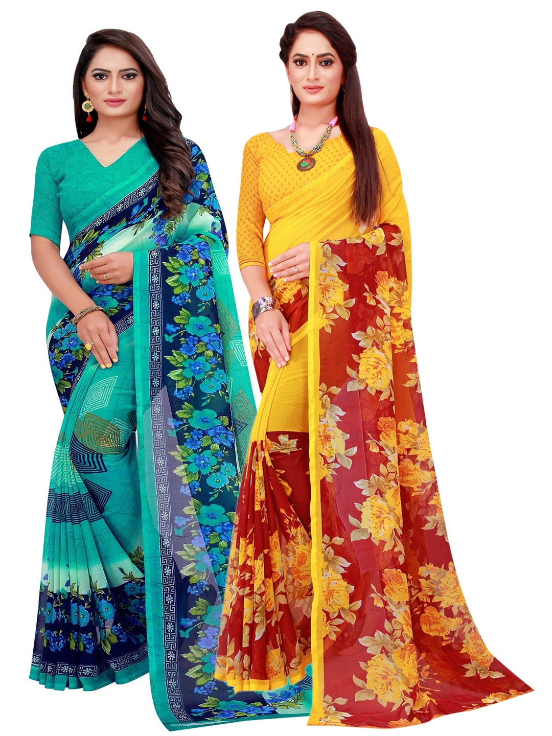 

SAADHVI Pack of 2 Turquoise Blue & Red Pure Georgette Saree