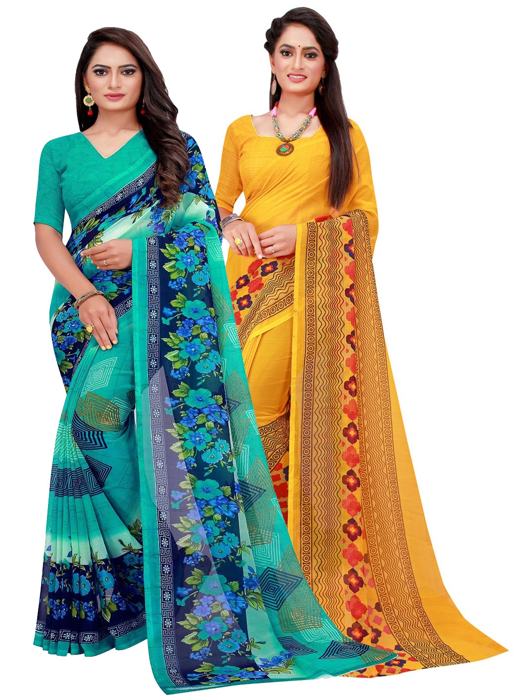 

SAADHVI Turquoise Blue & Yellow Set Of 2 Floral Pure Georgette Saree