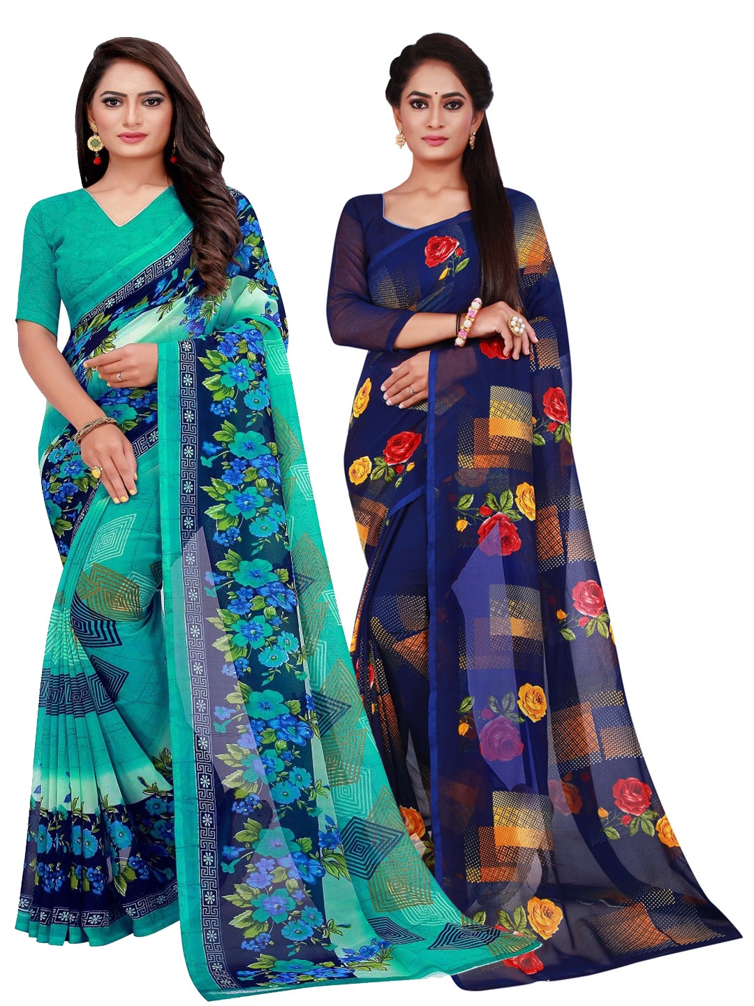 

SAADHVI Pack of 2 Turquoise Blue & Yellow Floral Pure Georgette Saree
