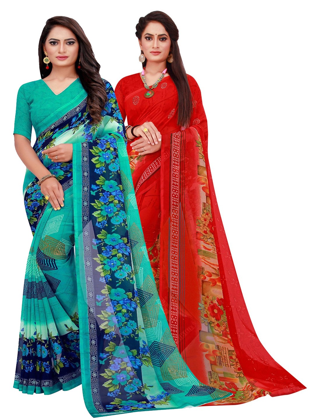 

SAADHVI Red & Green Floral Pure Georgette Saree