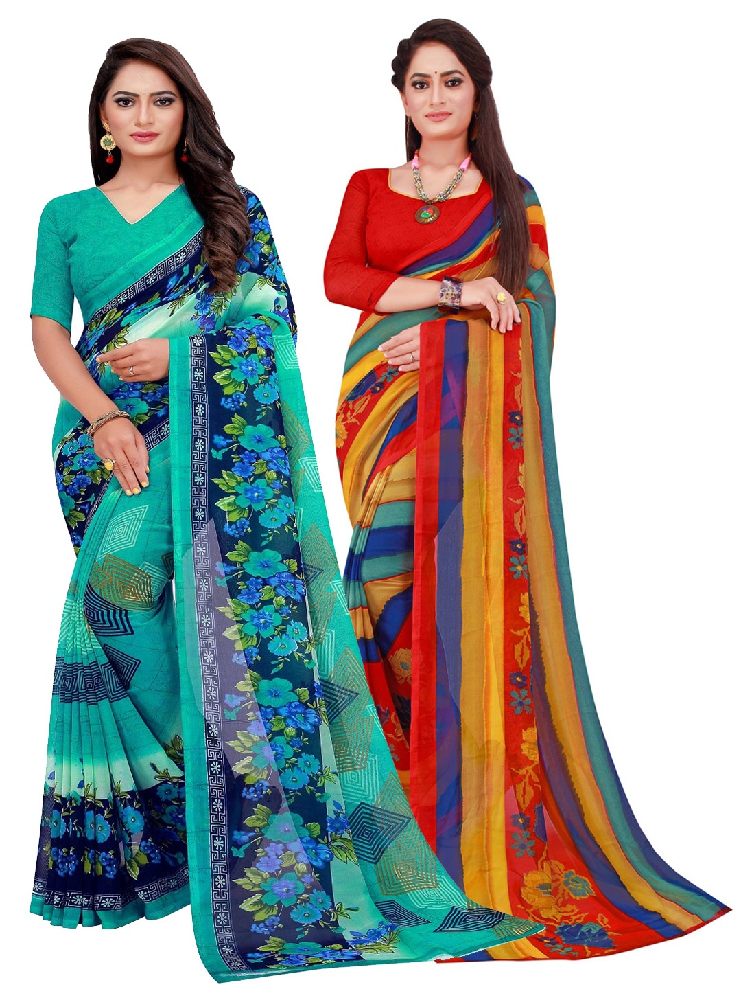 

SAADHVI Turquoise Blue & Blue Floral Set of 2 Pure Georgette Saree