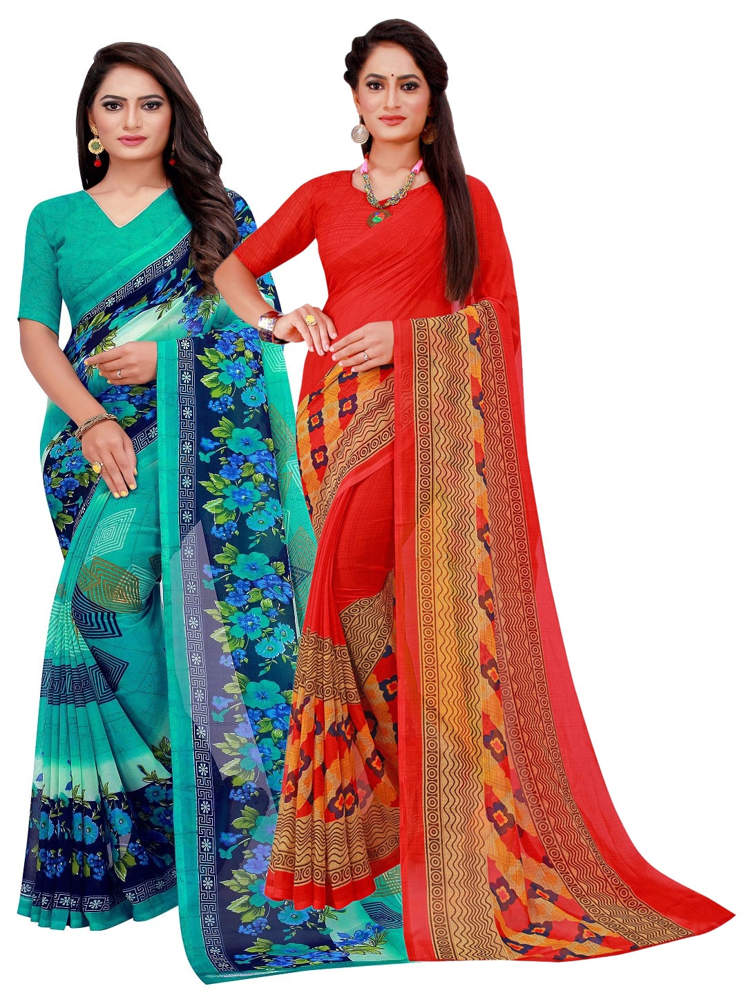 

SAADHVI Pack Of 2 Red & Turquoise Blue Floral Pure Georgette Saree