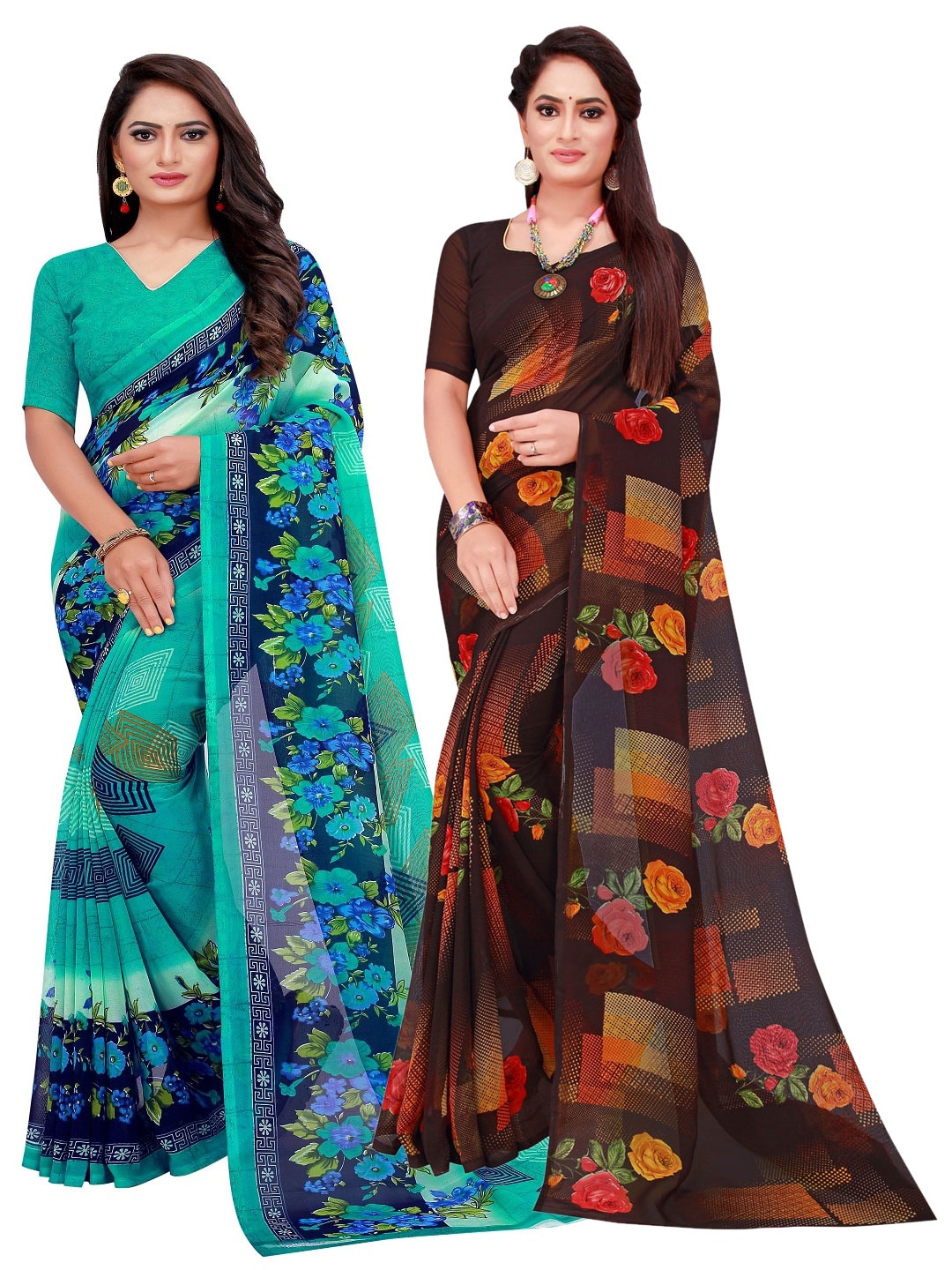 

SAADHVI Pack Of 2 Turquoise Blue & Maroon Printed Pure Georgette Sarees