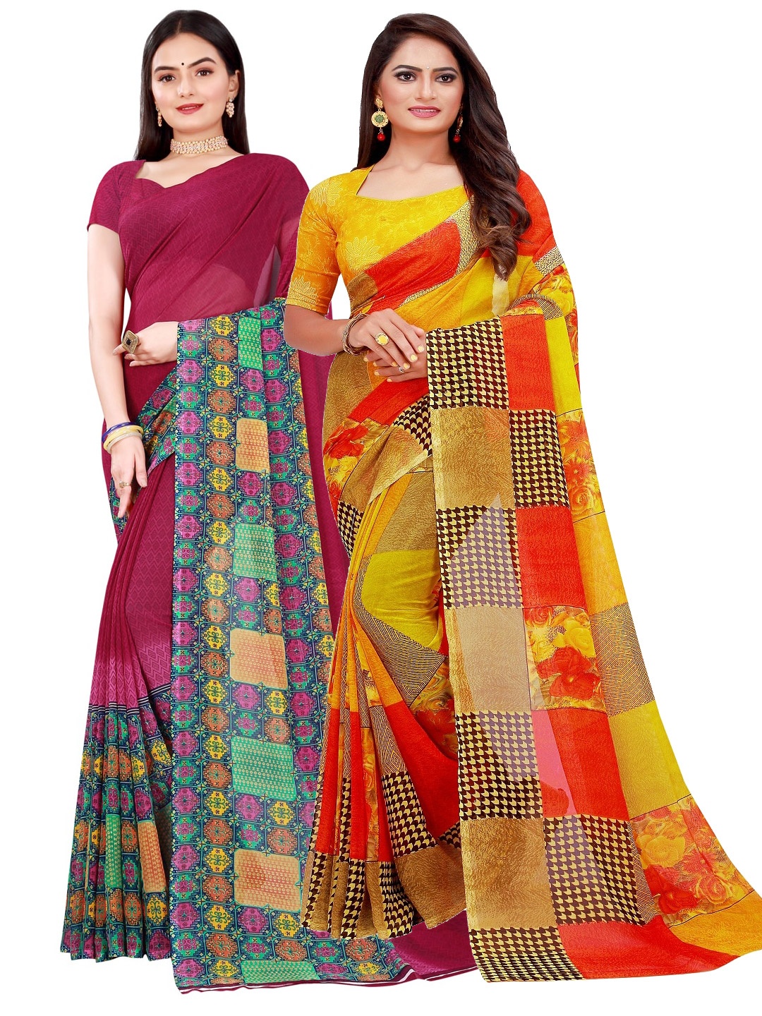 

SAADHVI Yellow & Maroon Pure Georgette Saree
