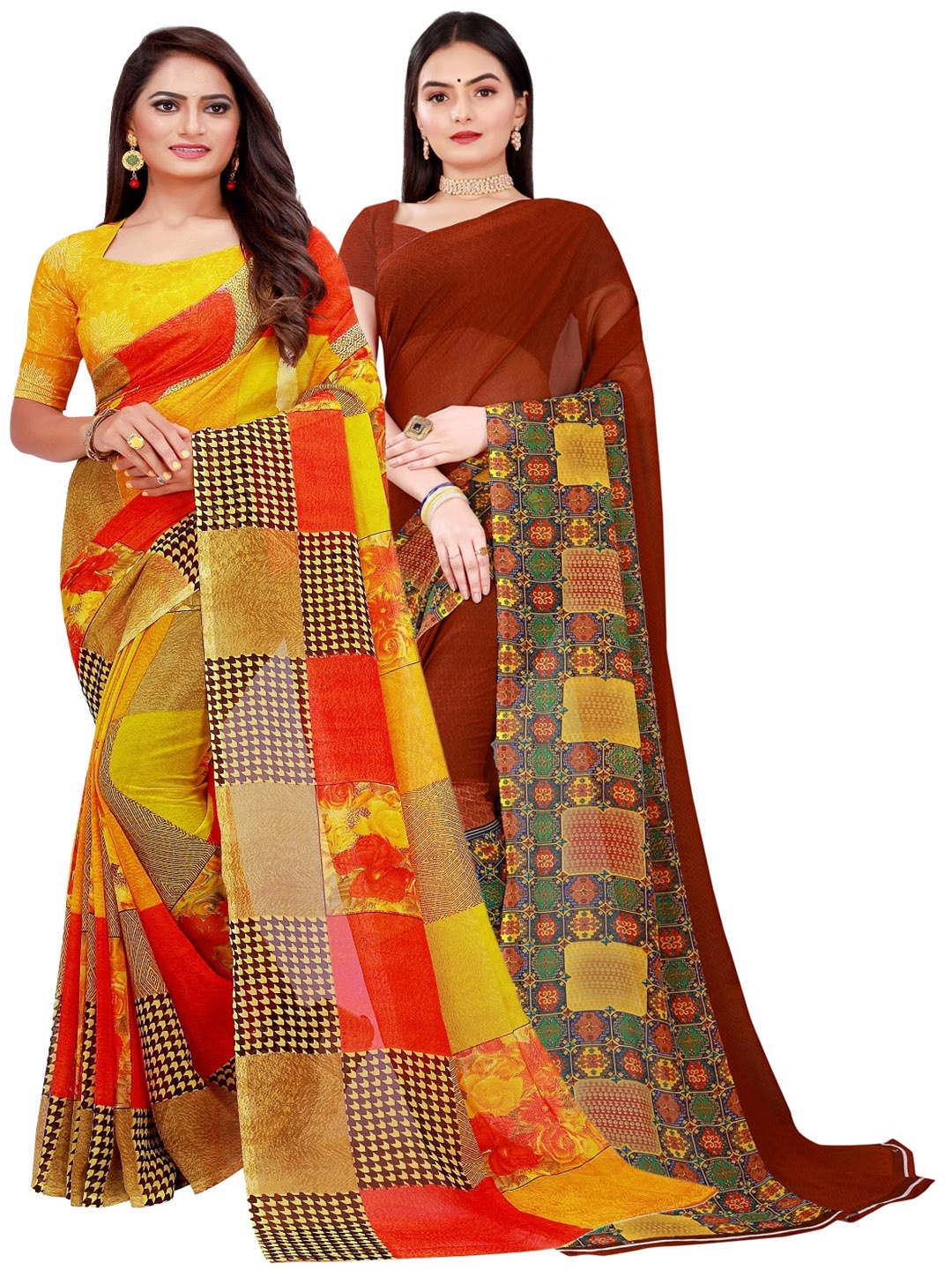 

SAADHVI Yellow & Maroon Pure Georgette Saree