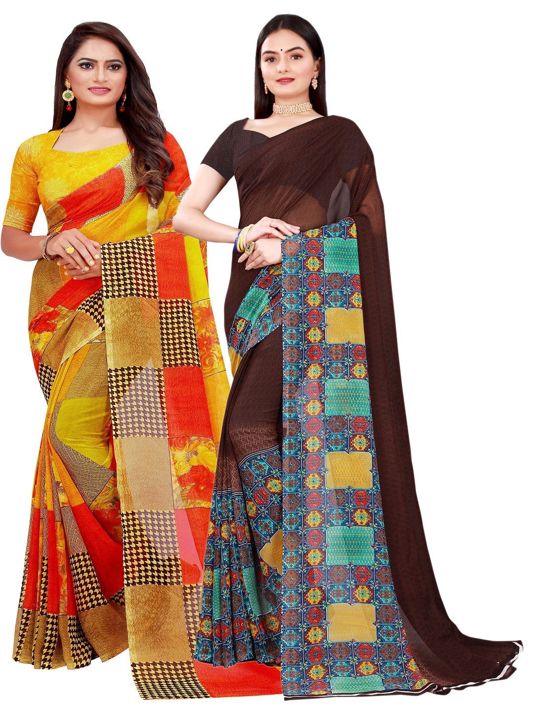 SAADHVI Pack of 2 Pure Georgette Sarees, Brown