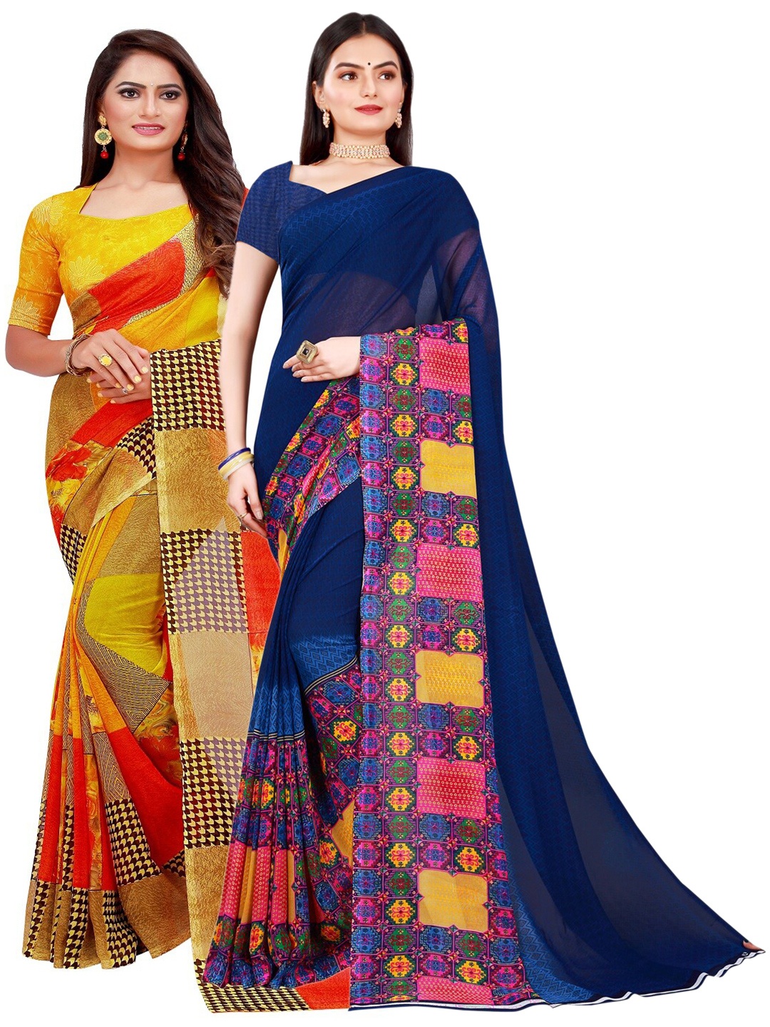 

SAADHVI Yellow & Navy Blue Geometric Pack of 2 Pure Georgette Saree