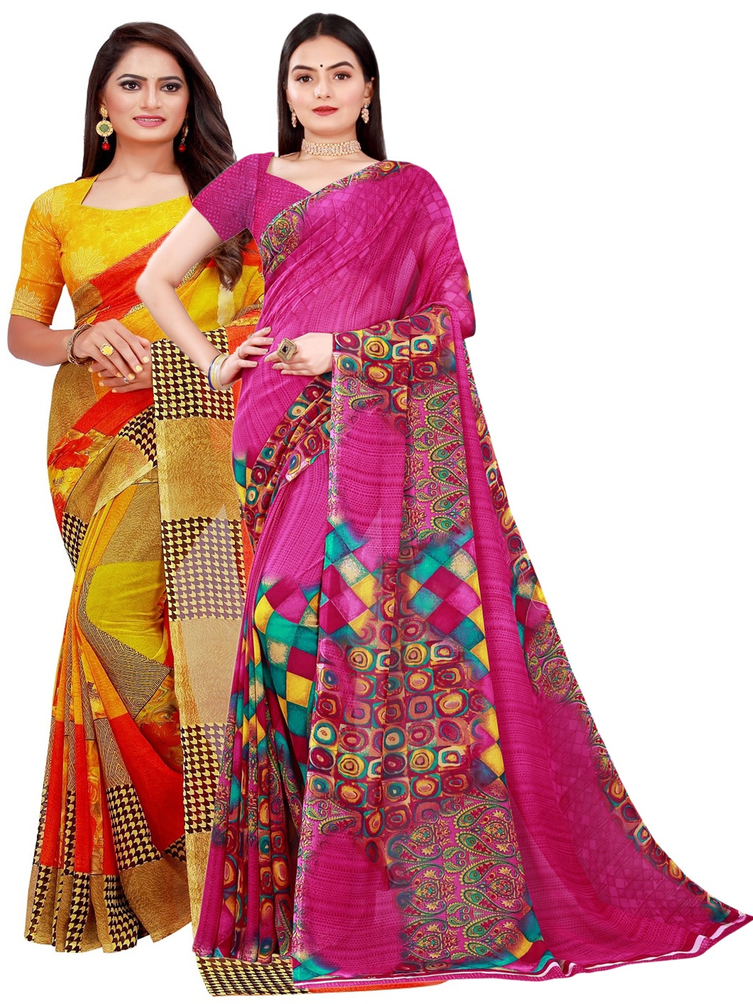SAADHVI Pack of 2 Magenta & Yellow Pure Georgette Saree
