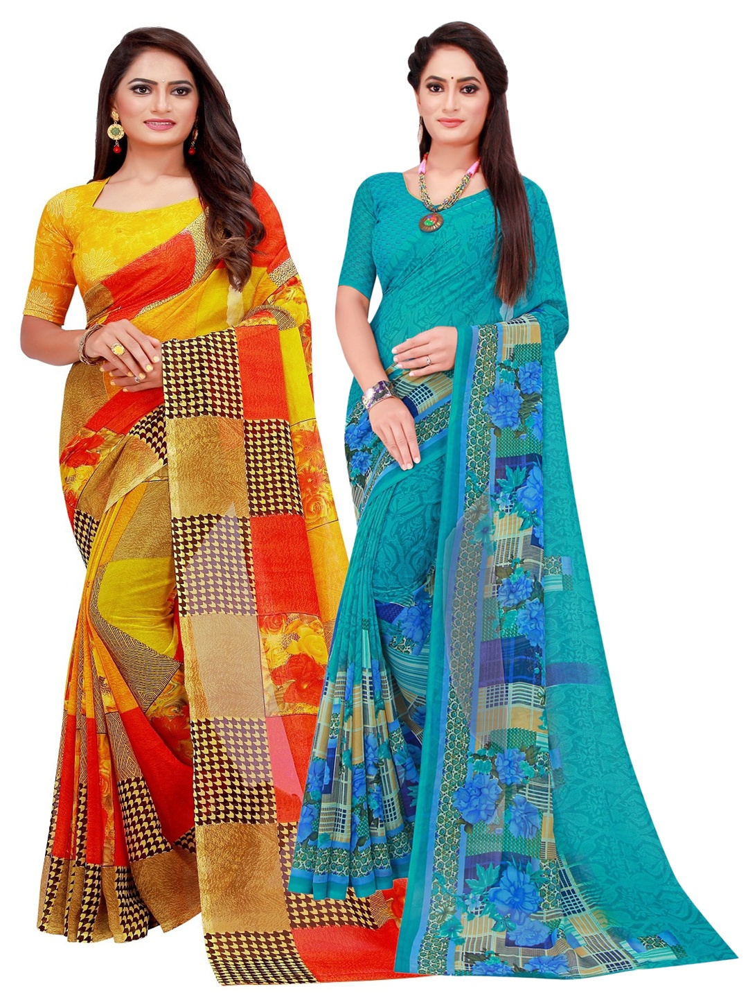 SAADHVI Pack of 2 Turquoise Blue & Yellow Printed Saree