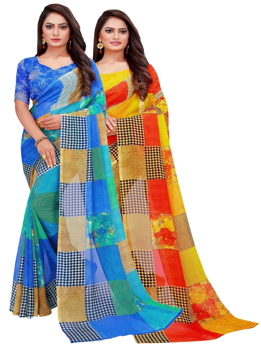 

SAADHVI Blue & Red Floral Set of 2 Pure Georgette Saree