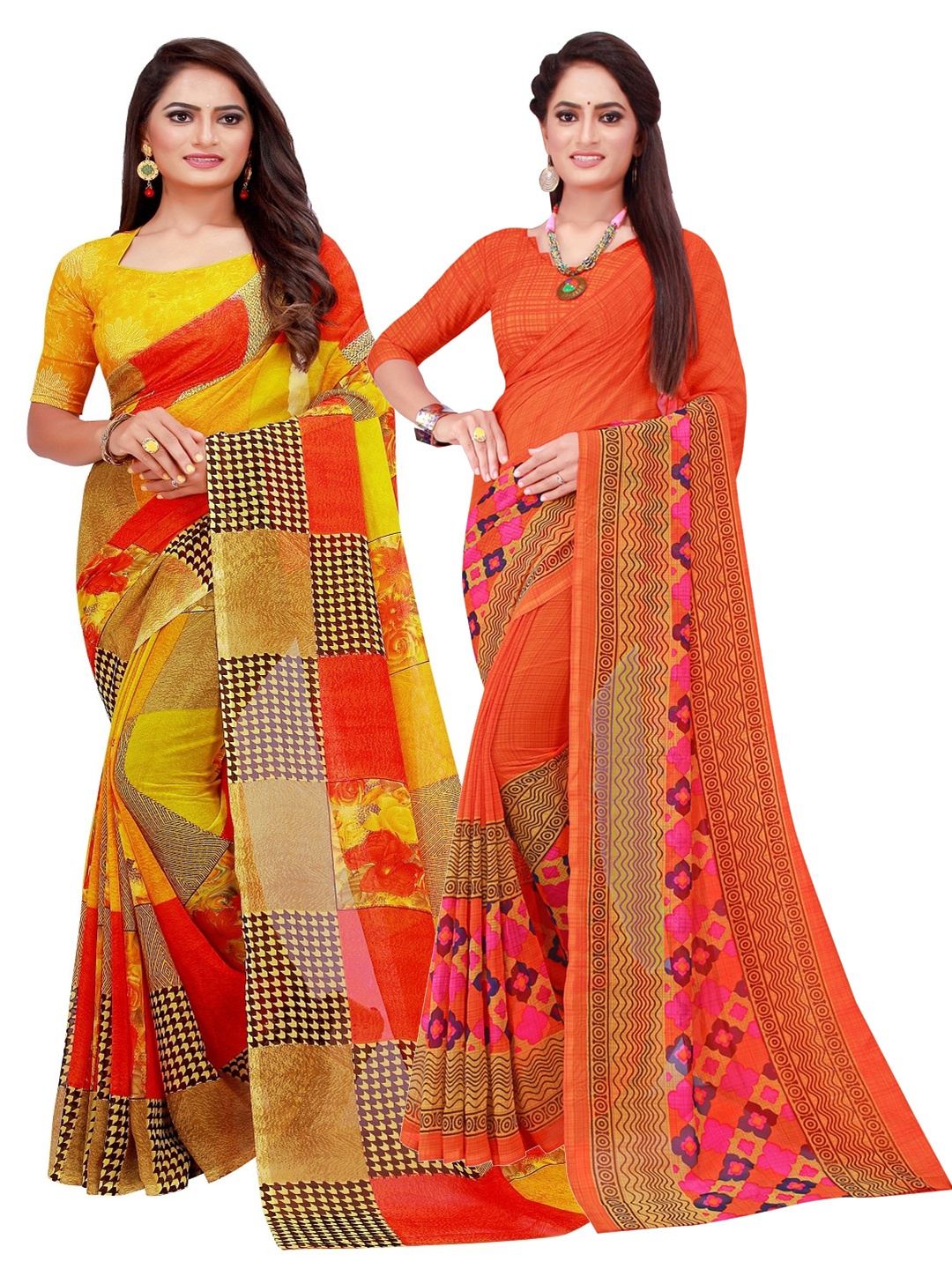 SAADHVI Pack Of 2 Orange & Yellow Pure Georgette Saree