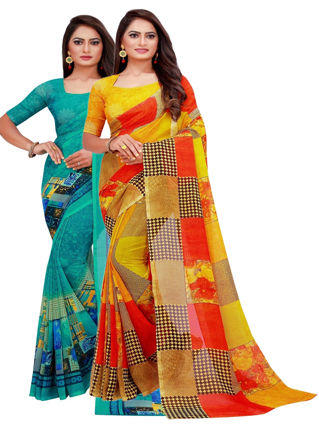 

SAADHVI Pack of 2 Turquoise Blue & Yellow Floral Pure Georgette Saree