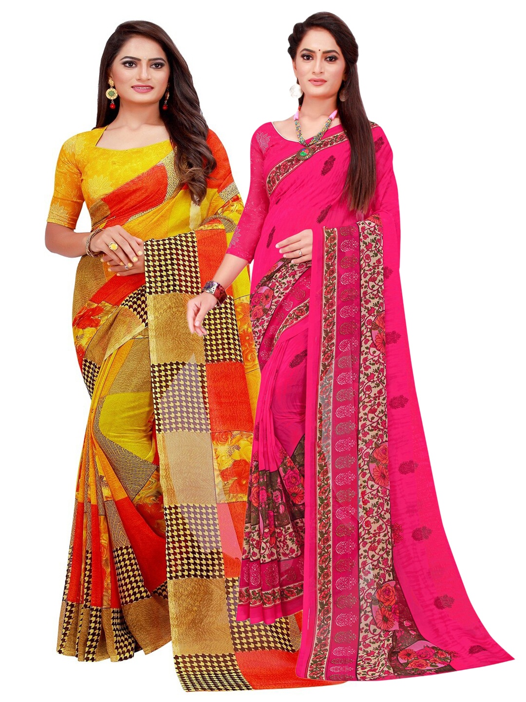 

SAADHVI Yellow & Magenta Floral Pure Georgette Saree