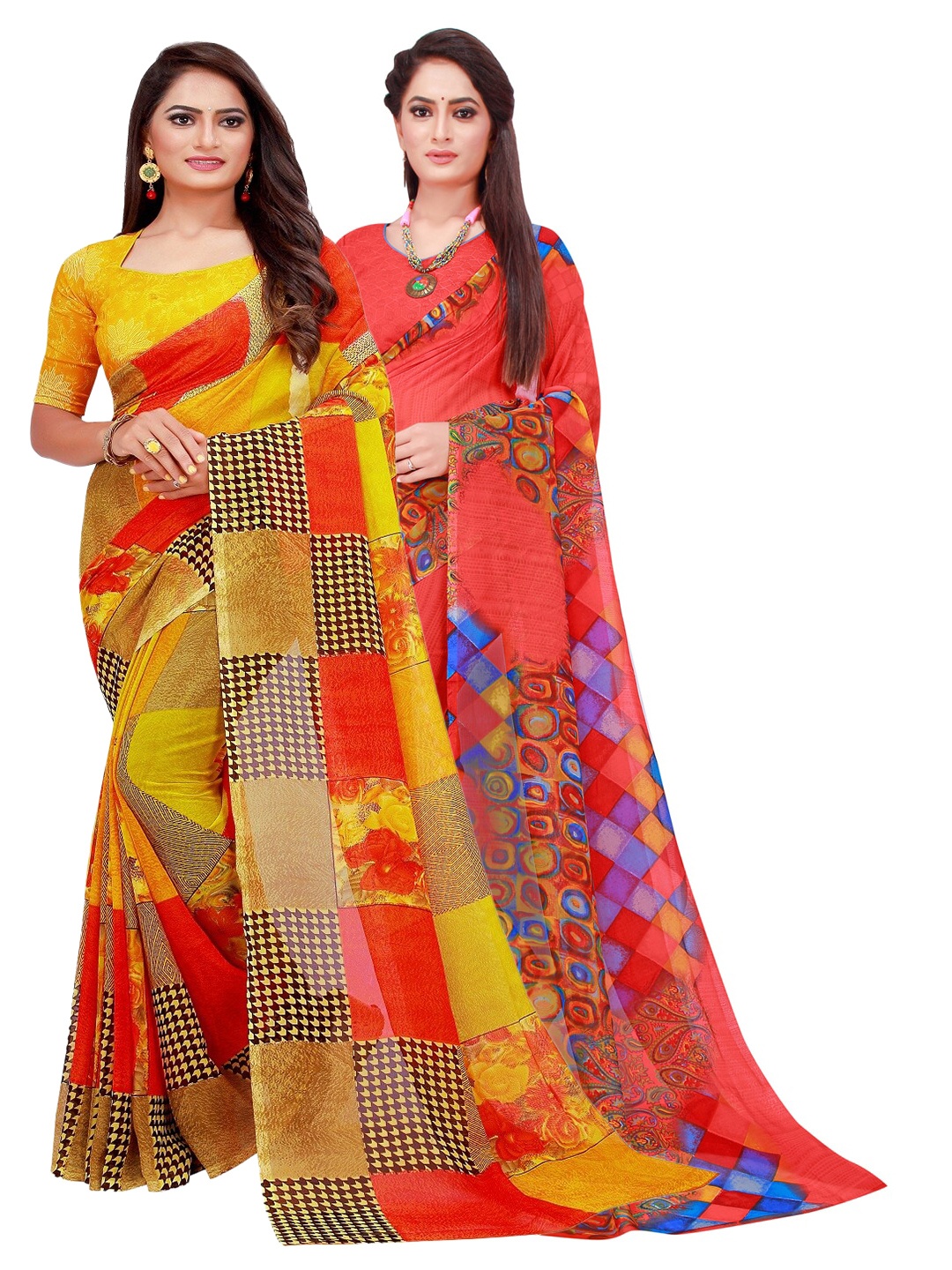 

SAADHVI Pack Of 2 Red & Blue Pure Georgette Saree