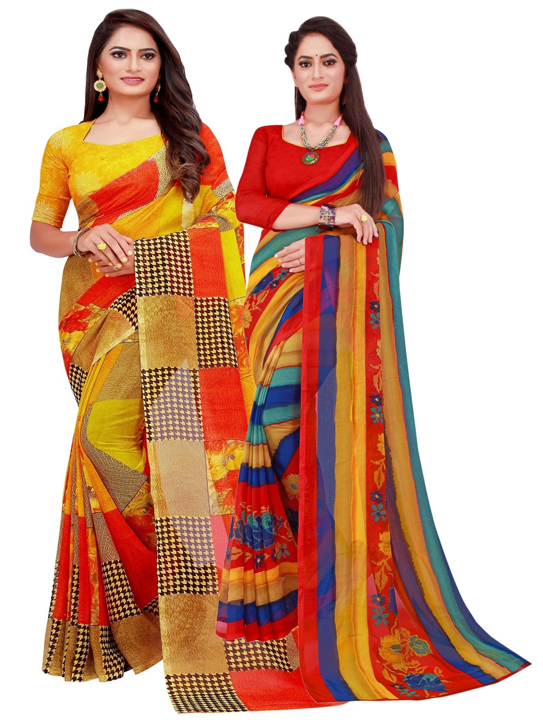

SAADHVI Yellow & Red Pure Georgette Saree