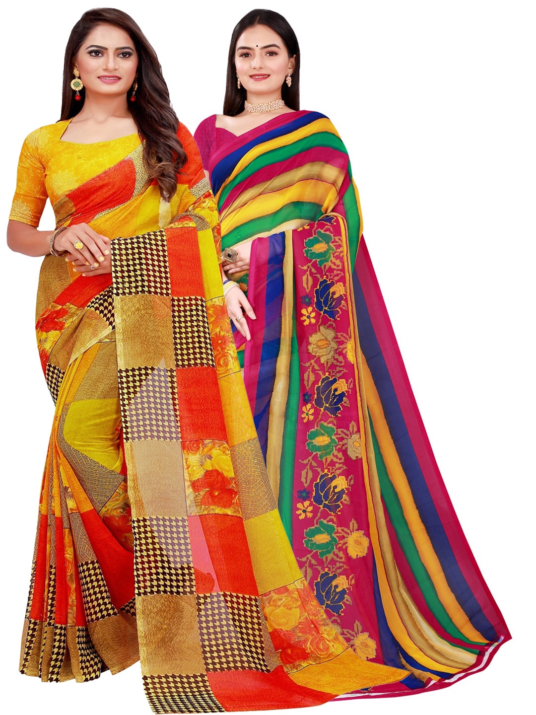 SAADHVI Yellow & Blue Pure Georgette Saree