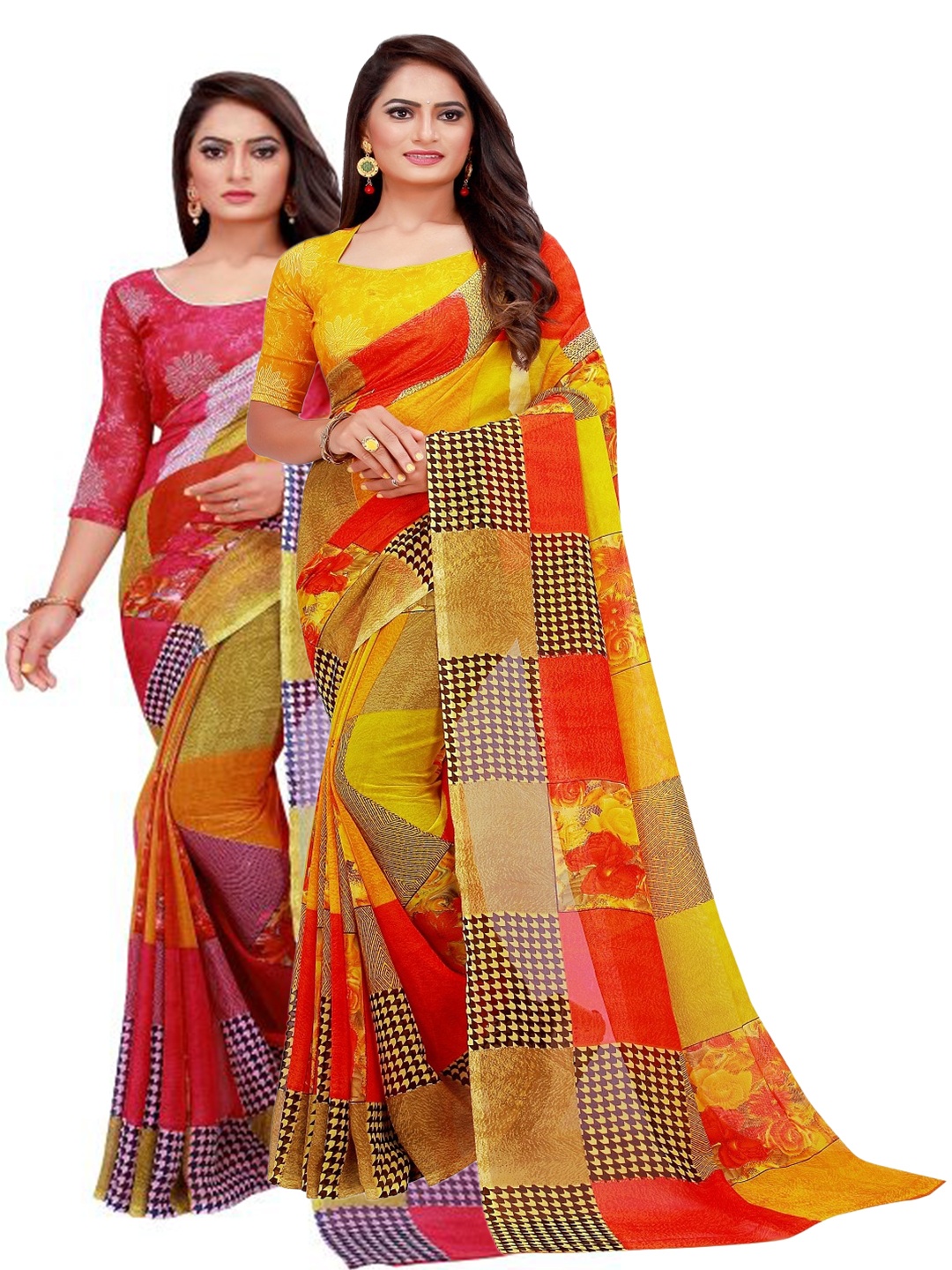 

SAADHVI Red & Yellow Geometric Pack of 2 Pure Georgette Saree